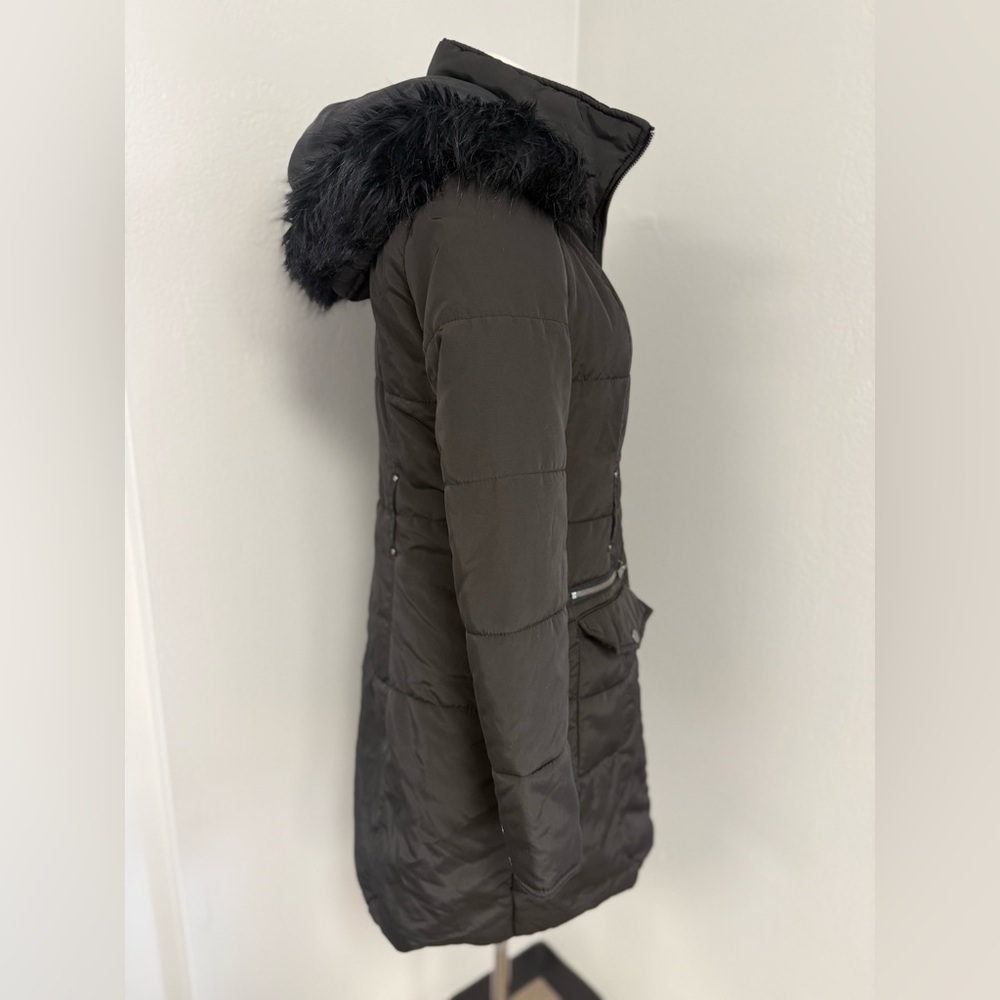 Jones New York Dark Brown Puffer Coat with Faux Fur Hood - Picture 3 of 9